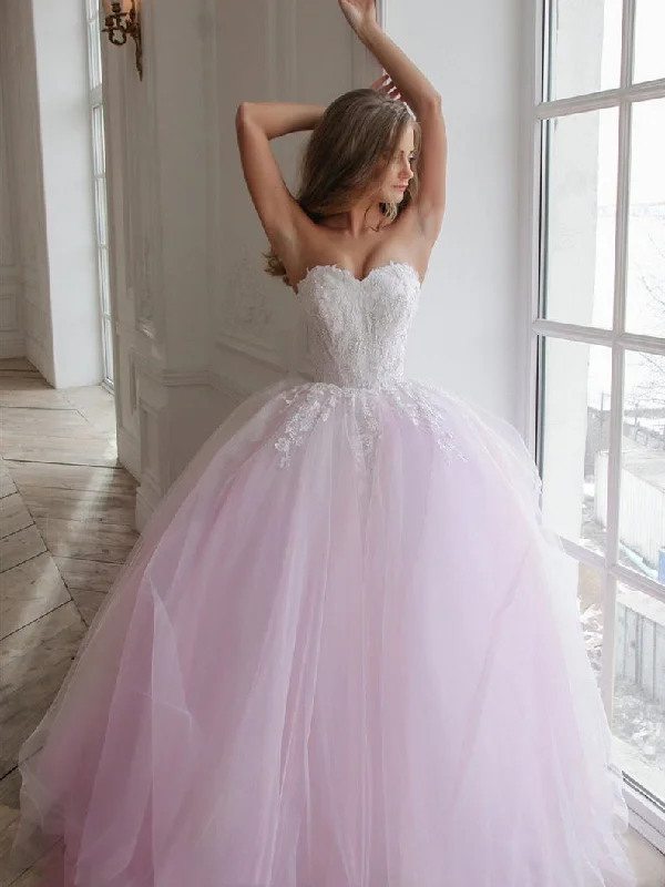 Women's Evening Attire Sweetheart Long A-line Lace Tulle Wedding Dresses, Pink Wedding Dresses, Lovely 2020 Wedding Dresses