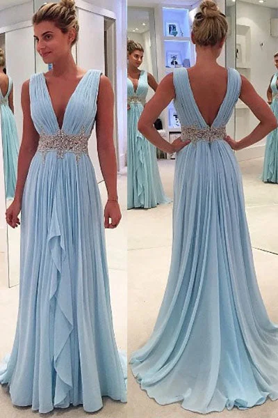 Women's Date Night Outfit A Line Deep V-Neck Sleeveless Beading Pleats Chiffon Long Prom Dress N417