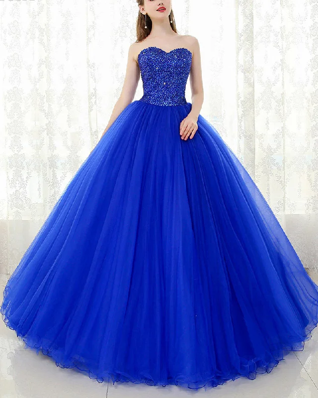 Women's Evening Attire Royal Blue Sweetheart Beading Ball Gown Prom Dress Corset Formal Wear 2019