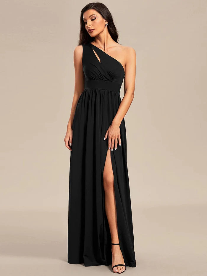 Formal Attire For Women One-Shoulder Hollow Out A-line Bridesmaid Dress with High Slit