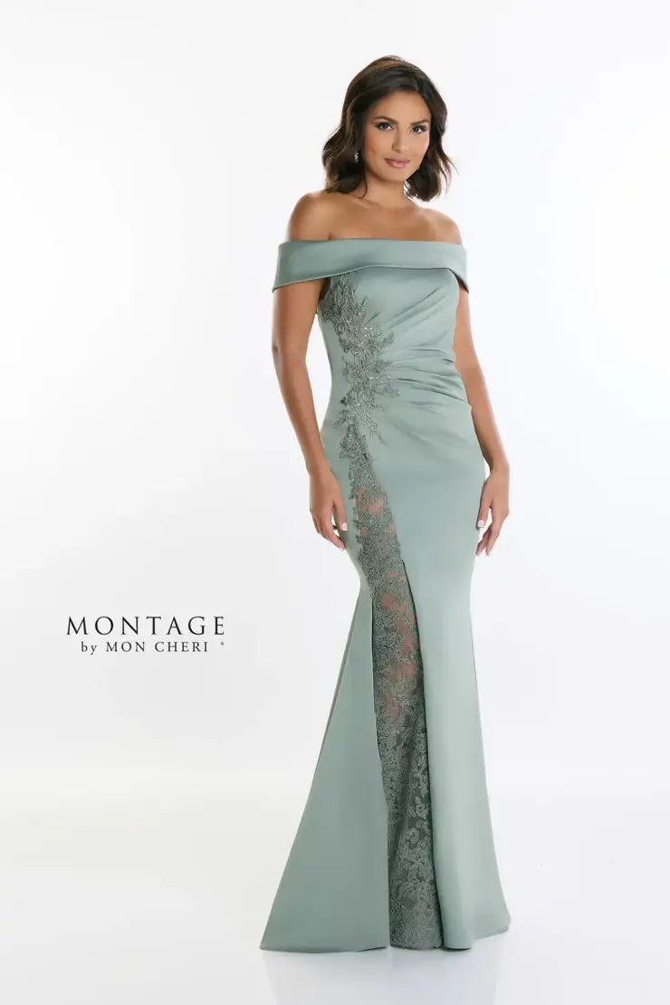 Women's Holiday Clothing Montage M535 Off Shoulder Side Beaded Gown | Sage