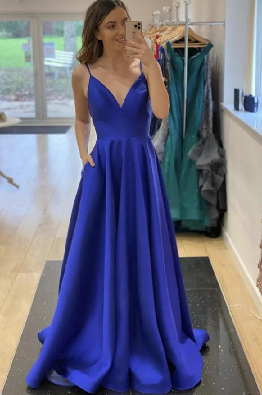 Women's Evening Garments Blue satin long prom dress A line evening dress    cg17942