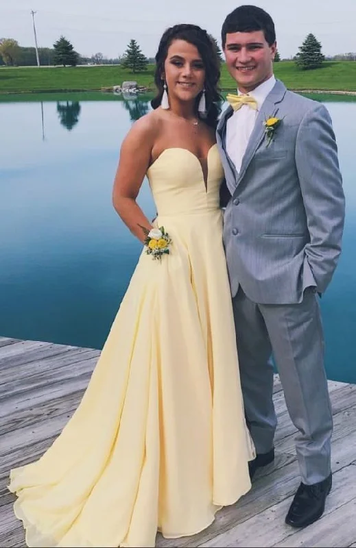 Stylish And Comfortable Clothing For Women Simple yellow satin long prom dress Gorgeous Sweetheart Yellow Long Formal Dress with Pockets   cg19337