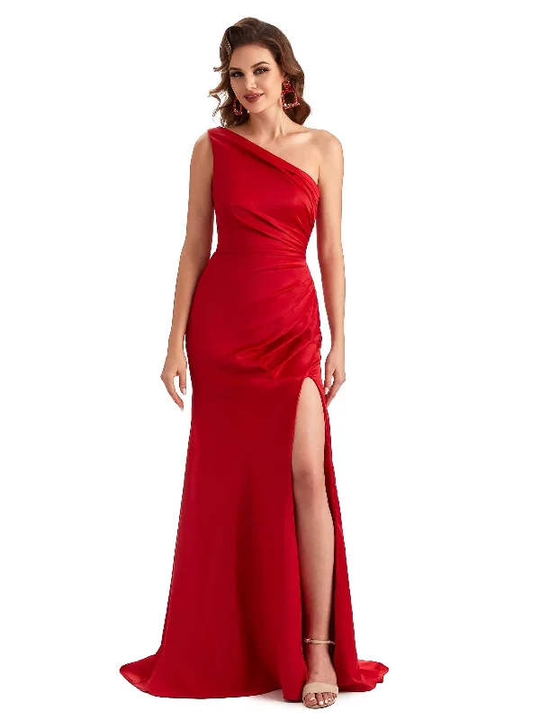 Women's Luxury Apparel Elegant Side Slit Mermaid Silky Satin One Shoulder Long Bridesmaid Dresses