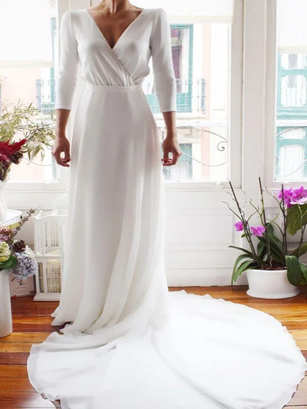 Vintage-Inspired Garments V-neck Simple Wedding Dresses, 3/4 Sleeves 2020 Long Wedding Dresses