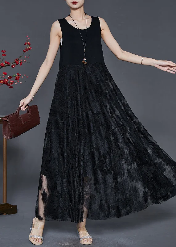 Women's Chic Outfit Classy Black Embroidered Lace Long Dress Sleeveless