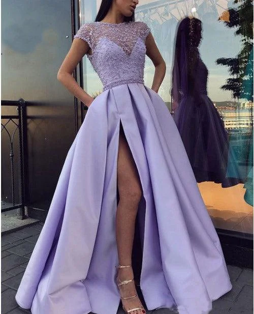 Timeless Women's Apparel High Slit Satin Lace Beaded Purple Evening Dress