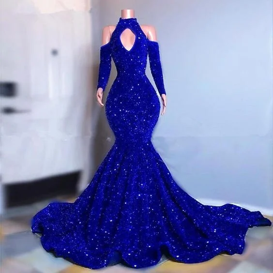 Timeless Women's Apparel Sparkly Long Sleeves Mermaid Floor-Length Prom Dress