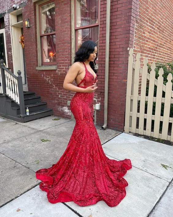 Women's Layered Outfit Luxurious Red Mermaid Sleeveless Prom Dress,Red Glam Dress Y6696