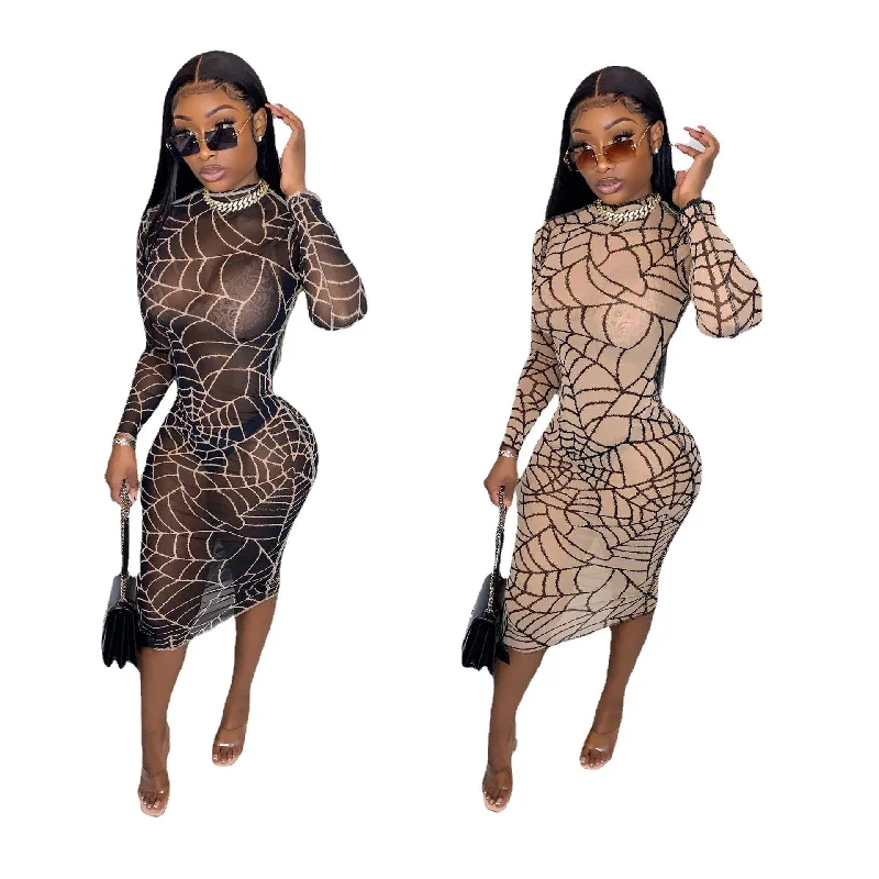 Women's Clothing LO6419 New arrival long sleeved spider web tight nightclub see through mesh print sexy dress