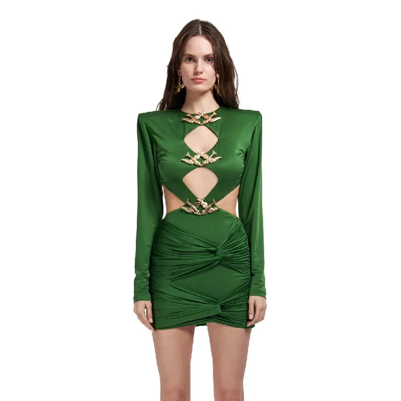 Women's Formal Clothes LS2233 New Style For Women Fashion Green Pleated Long Sleeve Dress Mini Sexy Hollow Out Ring Hole Evening Dresses