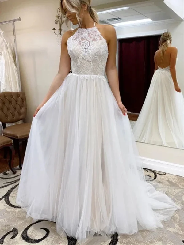 Charming Women's Clothes For Special Events Hlater Long A-line Wedding Dresses, Illusion Lace Top Wedding Dresses, Simple Long Wedding Dresses