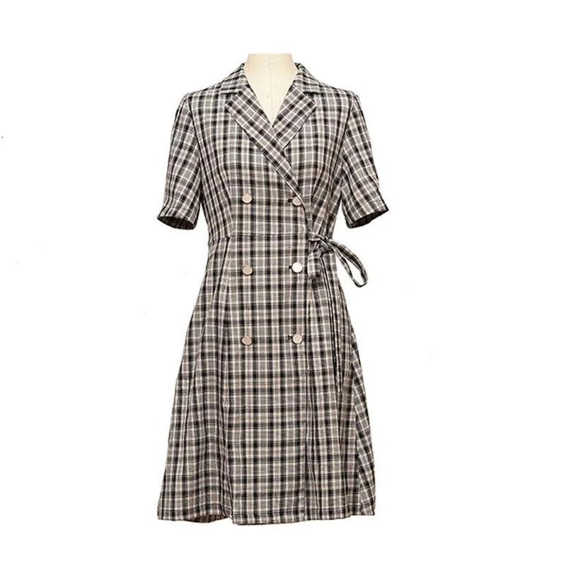 Women's Wardrobe Apparel Satin Plaid V Collar Casual Vintage Plain Chiffon Dress