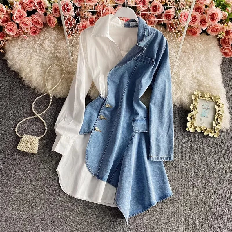 Affordable Women's Garments New Fashion Irregular Denim Long Sleeve Shirt Dress Polo Skirt     S4065