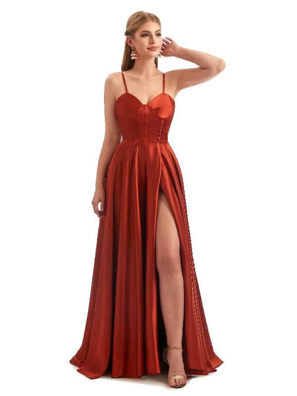 Women's Outdoor Activity Garments A-Line Formal Satin Long Bridesmaid Dresses Online Side Split Spaghetti Straps