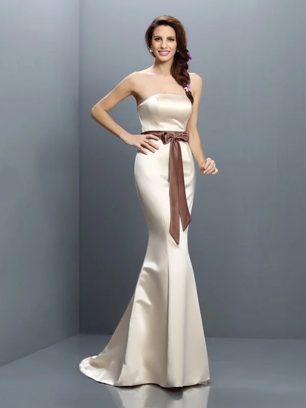 Casual Apparel For Women Trumpet/Mermaid Strapless Sash/Ribbon/Belt Sleeveless Long Satin Bridesmaid Dresses