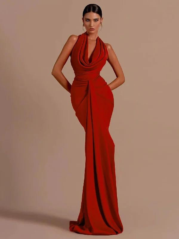 Women's Plus-Size Clothes Red Backless Halter V-Neck Maxi Bodycon Christmas Party Dress