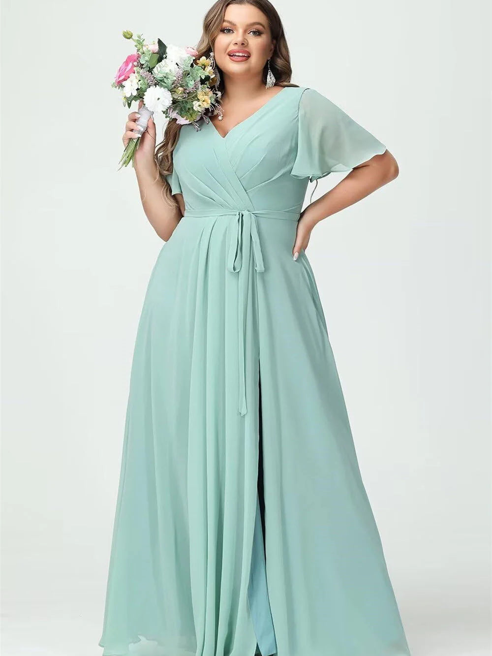 Women's Clothing A Line Chiffon V-Neck Short Sleeves Floor-Length Bridesmaid Dresses With Slit