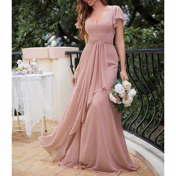 Women's Elegant Clothes Bridesmaid Dresses Short Sleeve Long Prom Dress V Neck Evening Gown