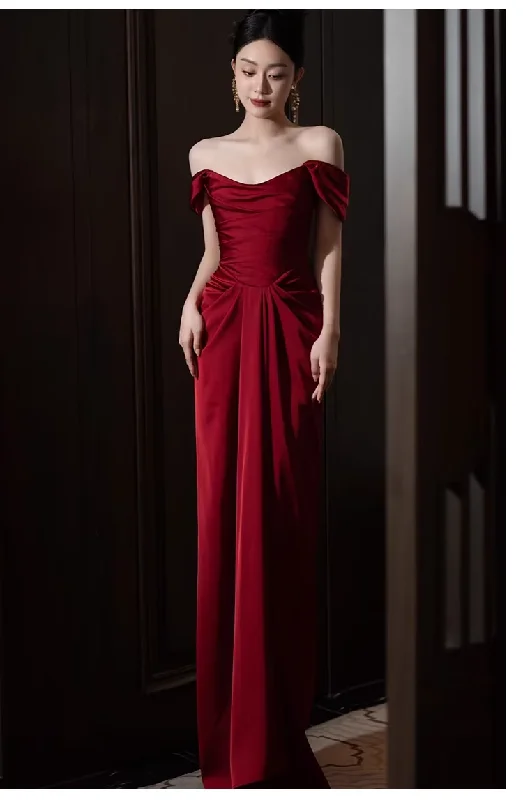 Women's Travel Attire Pretty Sheath Off The Shoulder Satin Burgundy Long Prom Dresses C1622