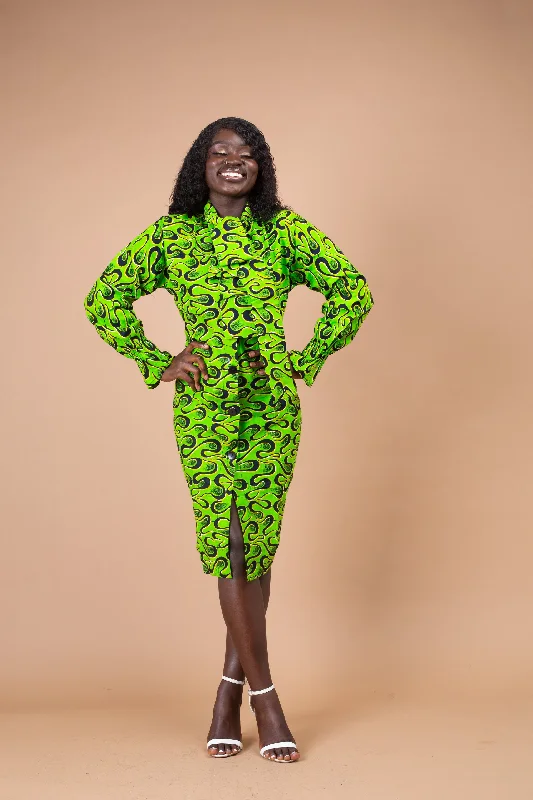 Chic Women's Attire Seasonal Trend Effiong Ankara Button Down Shirt Dress | Green African Print