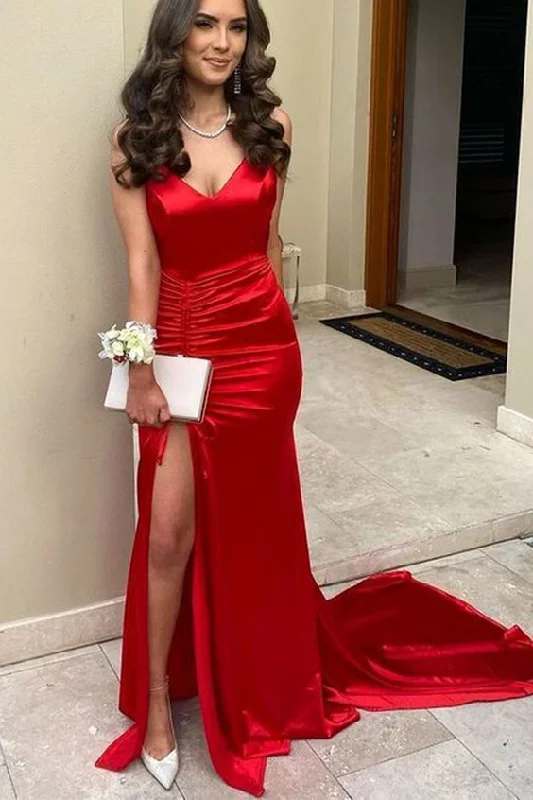 Women's Seasonal Clothing Charming Mermaid V Neck Red Satin Prom Dresses with Slit    cg17592