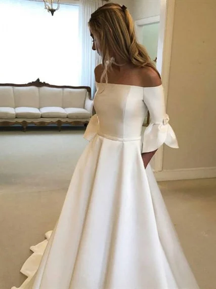 Affordable Luxury Women's Garments Off Shoulder Long A-line Ivory Satin Wedding Dresses, Elegant Long Wedding Dresses, Bridal Gown