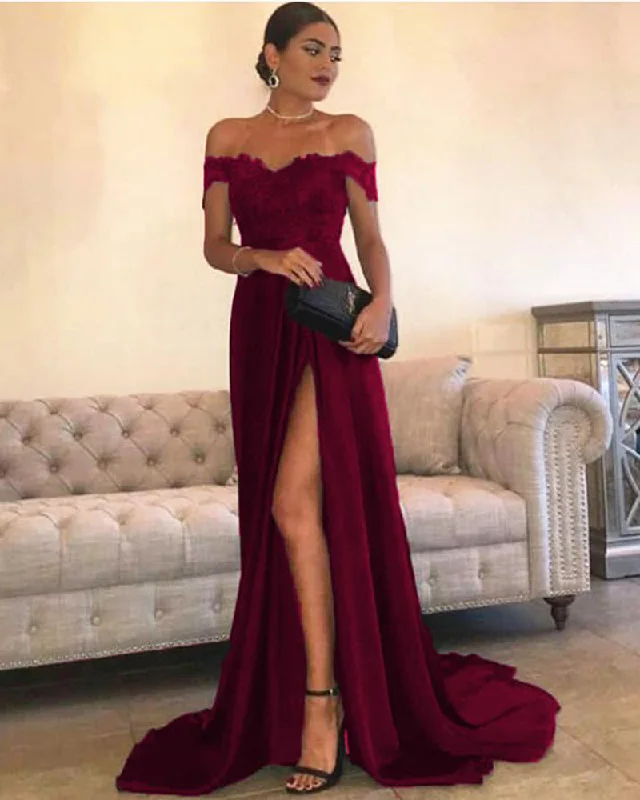 Women's Romantic Outfit Dark Red Slit Long Prom Dresses with Off the Shoulder Evening Party Gown PL823