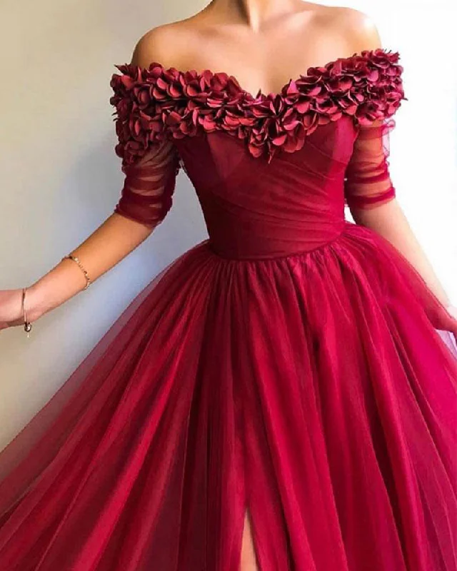 Women's Clothing Sets Long Off the Shoulder Red Tulle Dress Prom Party Gown with Slit PL844