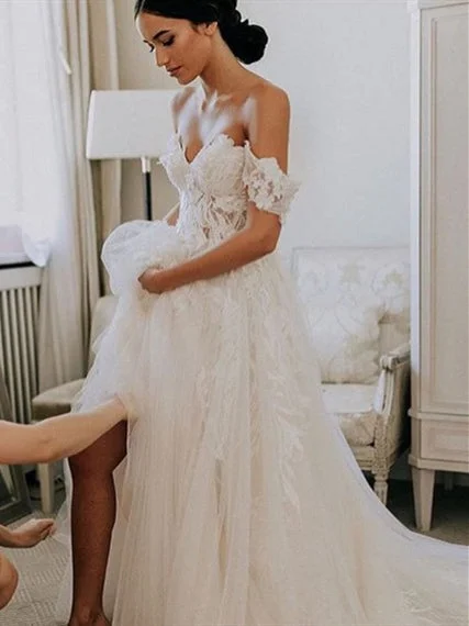 Stylish Women's Apparel Off Shoulder Long A-line Side Slit Lace Wedding Dresses, Country Wedding Dresses, 2020 Wedding Dresses