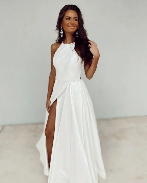 Classic Women's Clothing Styles White Satin Simple Prom Dress, Sleeveless Prom Dress   cg17447