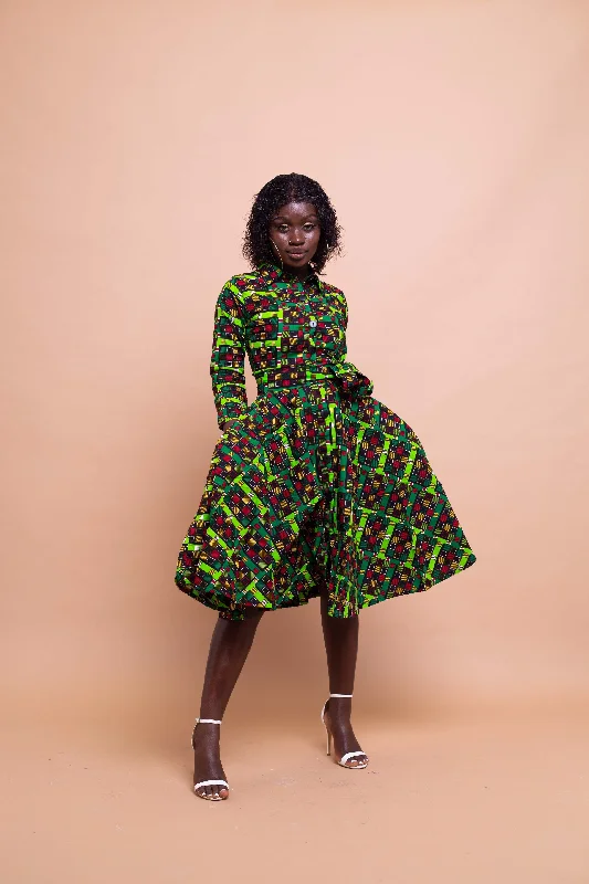 Women's Holiday Attire Eva Ankara Button Down Shirt Dress | Green and Red African Print