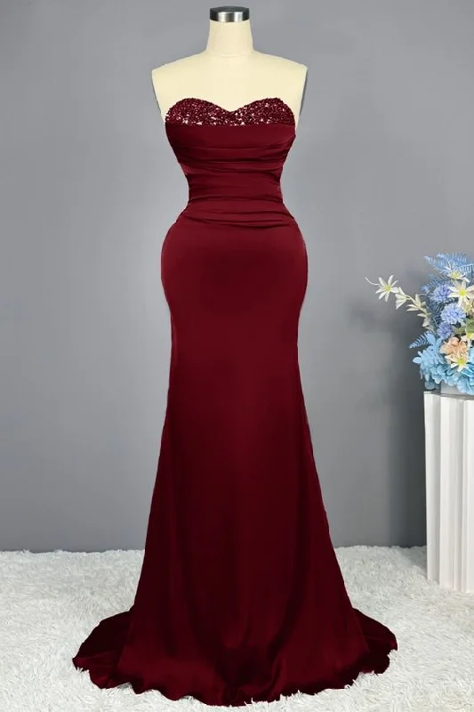 Women's Vacation Outfit Burgundy Prom Dress Long Party Mermaid Sweetheart Sequins Sleeveless  Y6857