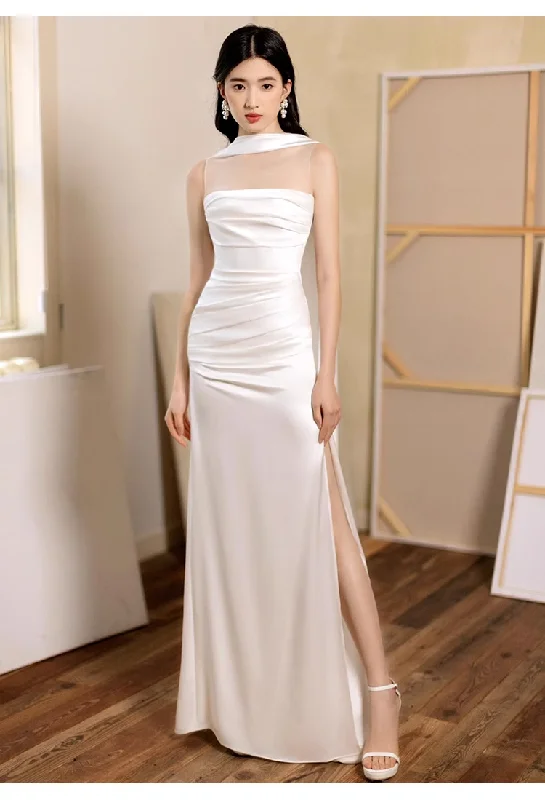 Women's Transitional Attire Pretty Sheath Scoop Neckline Satin White Slit Long Prom Dresses With Ribbon C1604