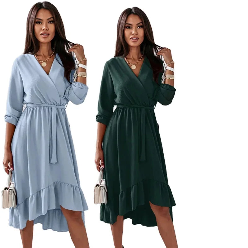 Women's Vacation Clothes Dreamy Aesthetic Loose Long Sleeve Elegant Ruffled Solid Color Lady Dress New Fashion Spring Summer V-neck Casual Midi Daily Dress