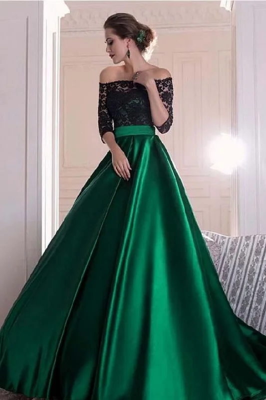 Women's Outfit For The Office A Line Dark Green Satin Off the Shoulder 3/4 Sleeves Ruffles Lace Prom Dresses  cg1344