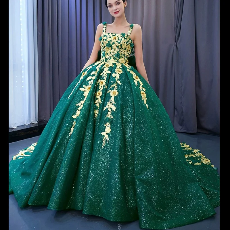 Women's Floral Print Outfit Gold Floral Lace Spring Green Wedding Dress Sparkly Tulle Ball Gown