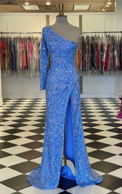 Affordable Luxury Women's Apparel Sparkly Blue Sequind Long Sleeve Prom Dress