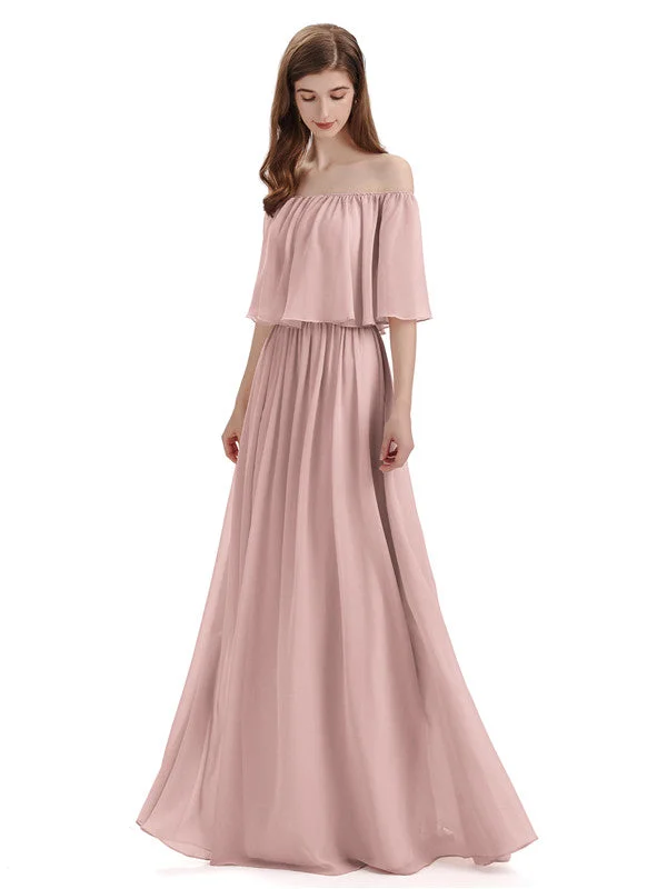 Women's Travel Garments Simple A-Line Off The Shoulder Chiffon Long Bridesmaid Dresses