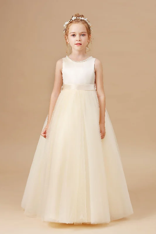 Women's Casual Attire Sleeveless Satin Tulle Champagne Flower Girl Dress