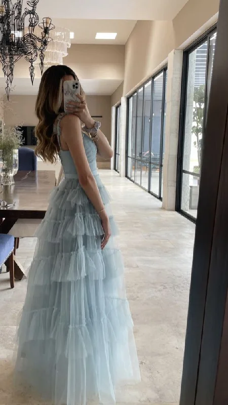 Women's Clothes For Special Occasions Elegant Blue Sleeveless Tulle Long Prom Dress,Generous A-line V Neck Pink Evening Dress Y1076