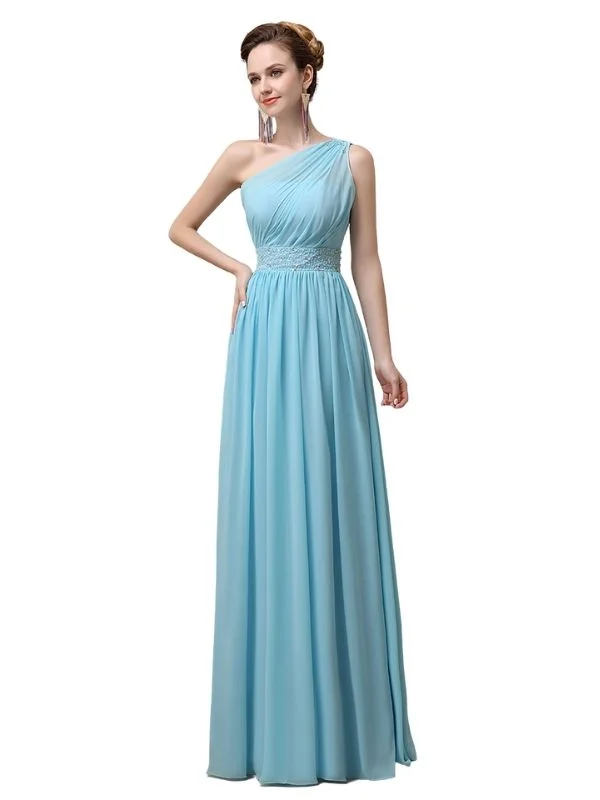 Vintage-Inspired Women's Apparel A-line Chiffon One Shoulder Floor-Length Long Bridesmaid Dresses with Beads