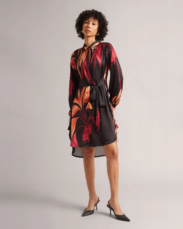 Chic Women's Garments Black Tie Abstract High-Low Shirt Dress