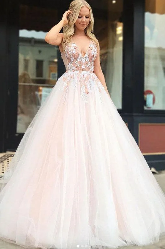 Affordable Fashion Clothing For Women Light Pink V-Neck Sleeveless Tulle Beaded Prom Dresses with Flowers