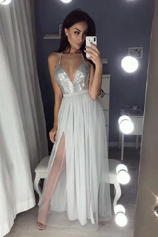 Women's Casual Outfit A Line V-Neck Sequined Silver Spaghetti Straps Sleeveless Tulle Prom Dresses