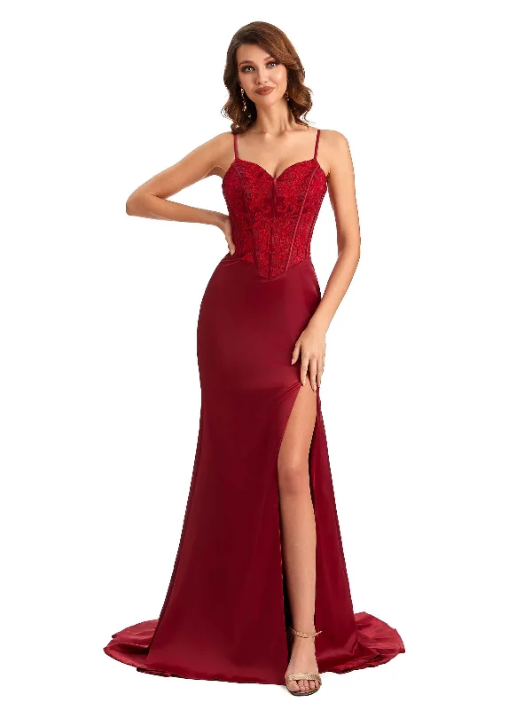 Women's Classic Attire Sexy Side Slit Mermaid Silky Satin V-neck Lace Unique Long Bridesmaid Dresses Online