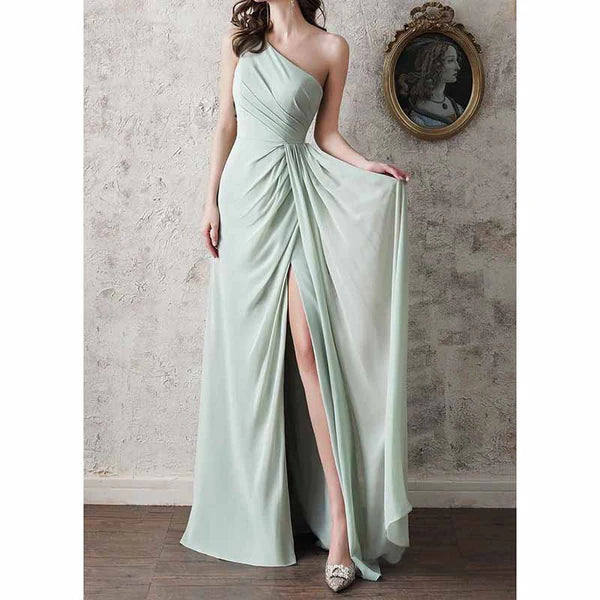 Women's Formal Event Outfit One Shoulder Bridesmaid Dress Long Ruched A Line Formal Dress with Slit