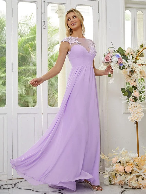 Affordable Women's Apparel A-Line/Princess Chiffon Applique Scoop Short Sleeves Floor-Length Bridesmaid Dresses