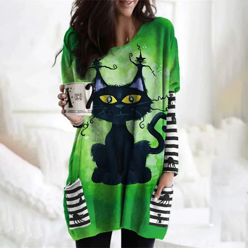 Women's Casual Garments Refined Simplicity Cat Print Halloween Shirt Dress