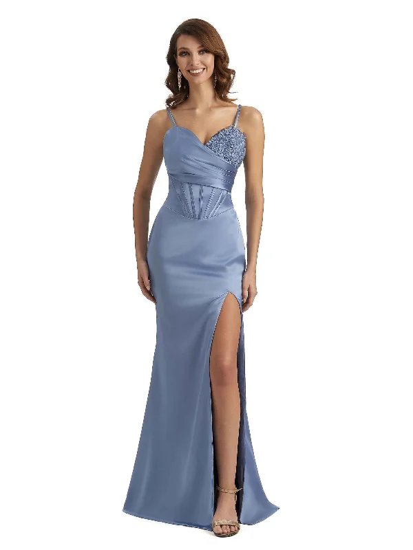 Women's Transitional Clothes Sexy Side Slit Spaghetti Straps Lace Mermaid Petite Bridesmaid Dresses In Satin